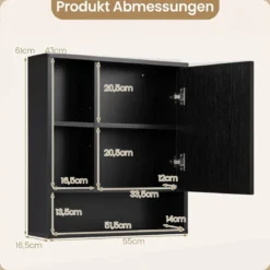 Spiegelschrank mit Offenen Fächern & Verstellbaren Ablagen Badschrank mit Spielgeltür Schwarz
