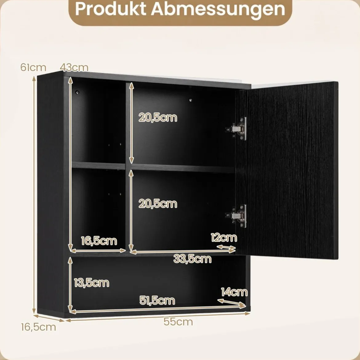 Spiegelschrank mit Offenen Fächern & Verstellbaren Ablagen Badschrank mit Spielgeltür Schwarz