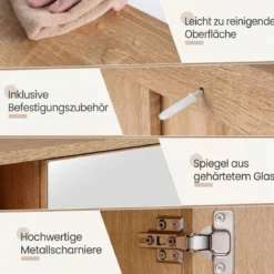 Spiegelschrank mit Offenen Fächern & Verstellbaren Ablagen Badschrank mit Spielgeltür Natur