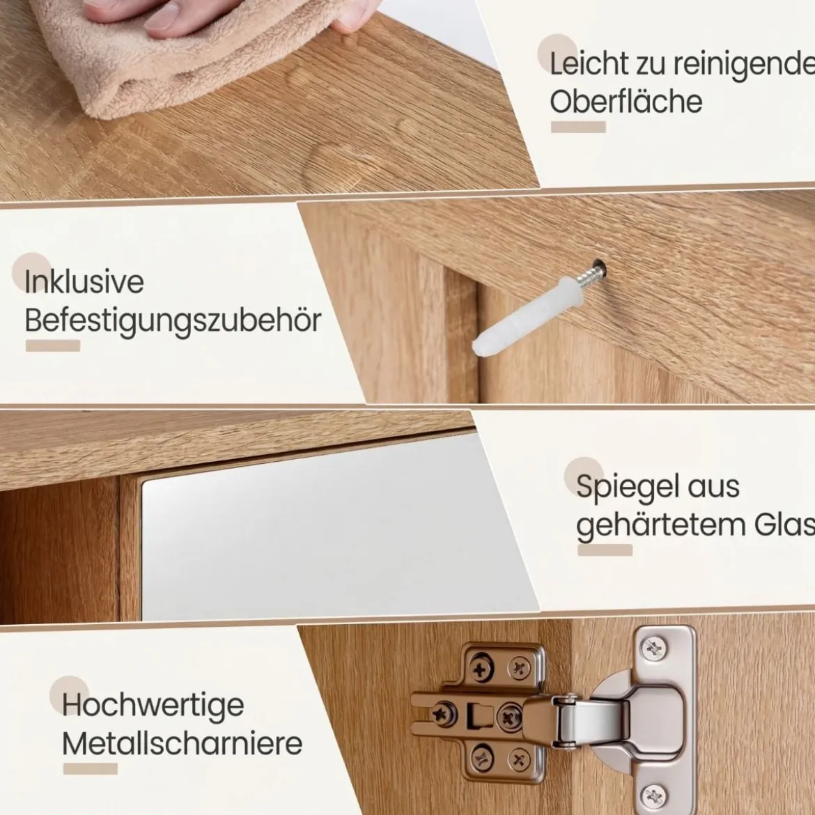 Spiegelschrank mit Offenen Fächern & Verstellbaren Ablagen Badschrank mit Spielgeltür Natur