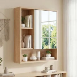 Spiegelschrank mit Offenen Fächern & Verstellbaren Ablagen Badschrank mit Spielgeltür Natur