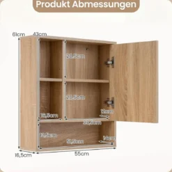 Spiegelschrank mit Offenen Fächern & Verstellbaren Ablagen Badschrank mit Spielgeltür Natur