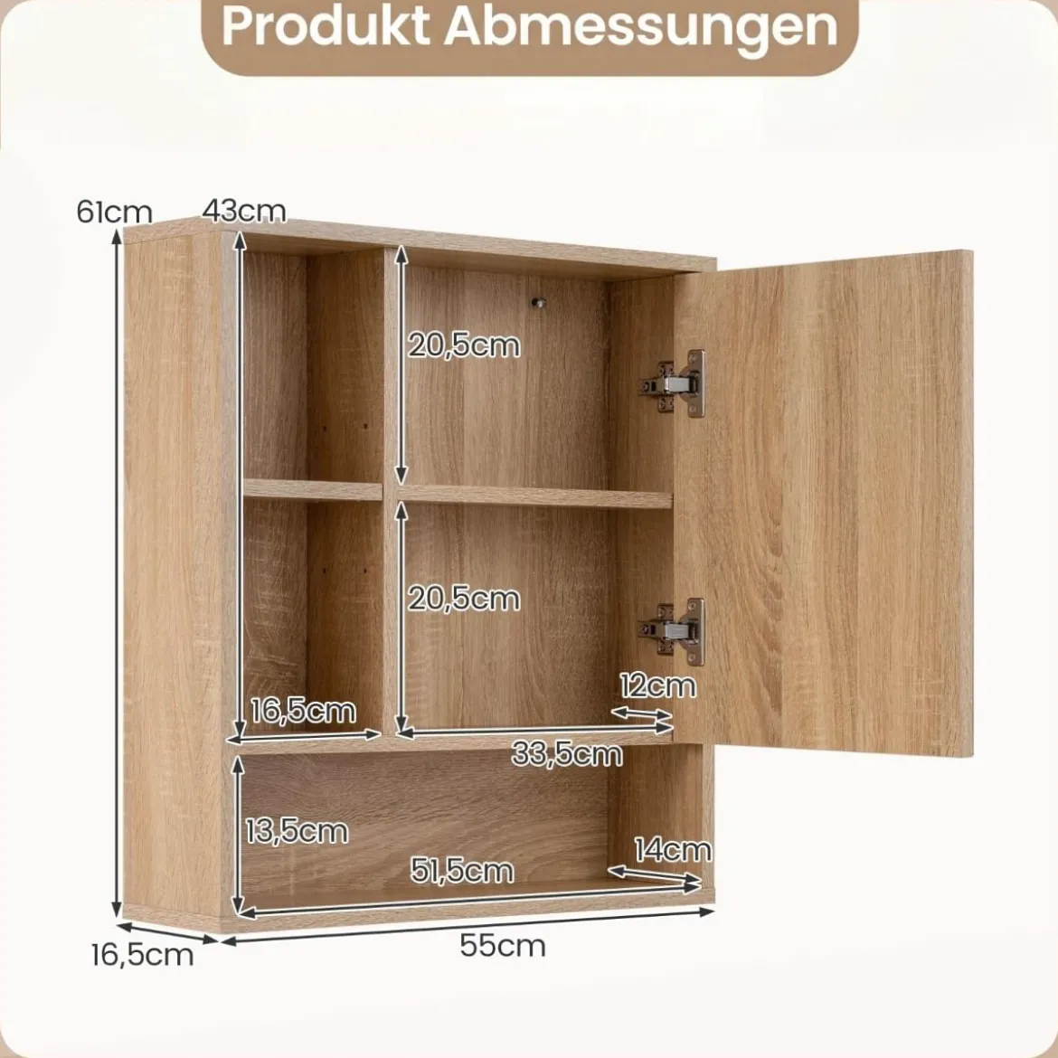 Spiegelschrank mit Offenen Fächern & Verstellbaren Ablagen Badschrank mit Spielgeltür Natur