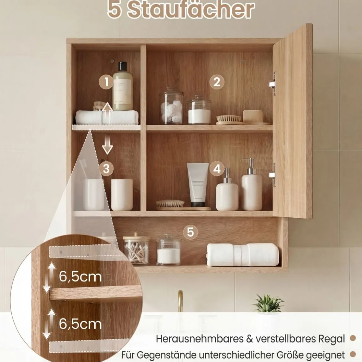 Spiegelschrank mit Offenen Fächern & Verstellbaren Ablagen Badschrank mit Spielgeltür Natur