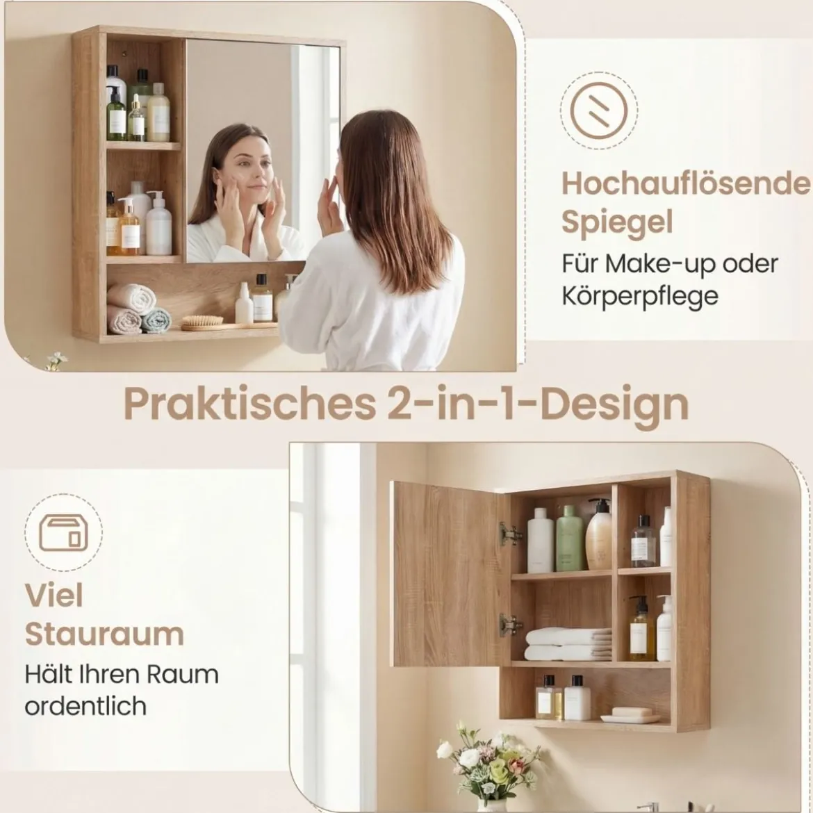 Spiegelschrank mit Offenen Fächern & Verstellbaren Ablagen Badschrank mit Spielgeltür Natur