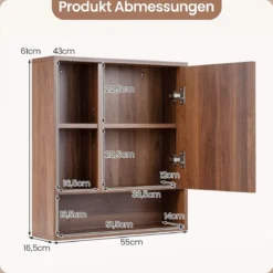 Spiegelschrank mit Offenen Fächern & Verstellbaren Ablagen Badschrank mit Spielgeltür Braun