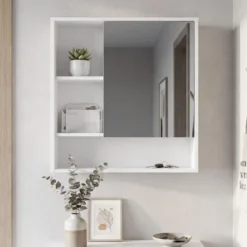Spiegelschrank mit Spiegeltür & 3 Offenen Regalen Hängeschrank Wandschrank Weiß