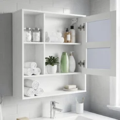 Spiegelschrank mit Spiegeltür & 3 Offenen Regalen Hängeschrank Wandschrank Weiß