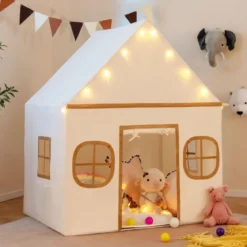 Spielhaus Kinder Indoor Kinderzelt mit Sternlichter & Gepolsterte Matte Beige + Braun
