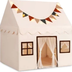 Spielhaus Kinder Indoor Kinderzelt mit Matte und Lichtern Spielzelt für Drinnen Beige