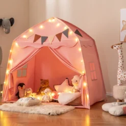 Spielhaus Kinder Indoor Kinderzelt mit Flaggen und Lichterketten Prinzessin Spielzelt Beige/Kaffee/Rosa