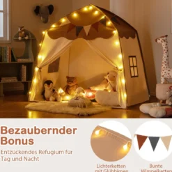 Spielhaus Kinder Indoor Kinderzelt mit Flaggen und Lichterketten Prinzessin Spielzelt Beige/Kaffee/Rosa