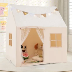 Spielhaus Kinder Indoor Kinderzelt mit gepolsterter Matte & Sternenlichtern 119 x 104 x 129 cm Beige