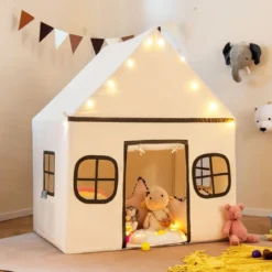 Spielhaus Kinder Indoor Kinderzelt mit Sternlichter & Gepolsterte Matte Beige + Schwarz