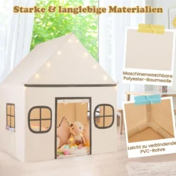 Spielhaus Kinder Indoor Kinderzelt mit Sternlichter & Gepolsterte Matte Beige + Schwarz