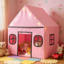 Spielhaus Kinder Indoor Kinderzelt mit Sternlichter & Gepolsterte Matte Rosa + Schwarz