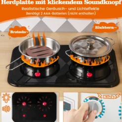 Spielküche aus Holz mit Zubehör Küchenspielset Spielzeugküche mit Eismaschine & Kochherd Natur