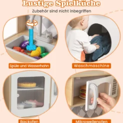 Spielküche aus Holz mit Zubehör Küchenspielset Spielzeugküche mit Eismaschine & Kochherd Natur