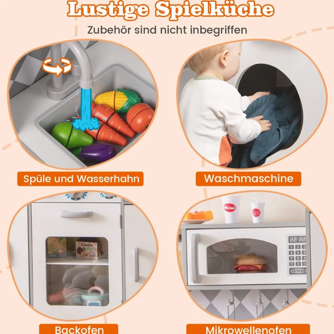 Spielküche aus Holz mit Zubehör Küchenspielset Spielzeugküche mit Eismaschine & Kochherd