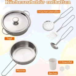 Spielküche aus Holz mit Zubehör Küchenspielset Spielzeugküche mit Eismaschine & Kochherd