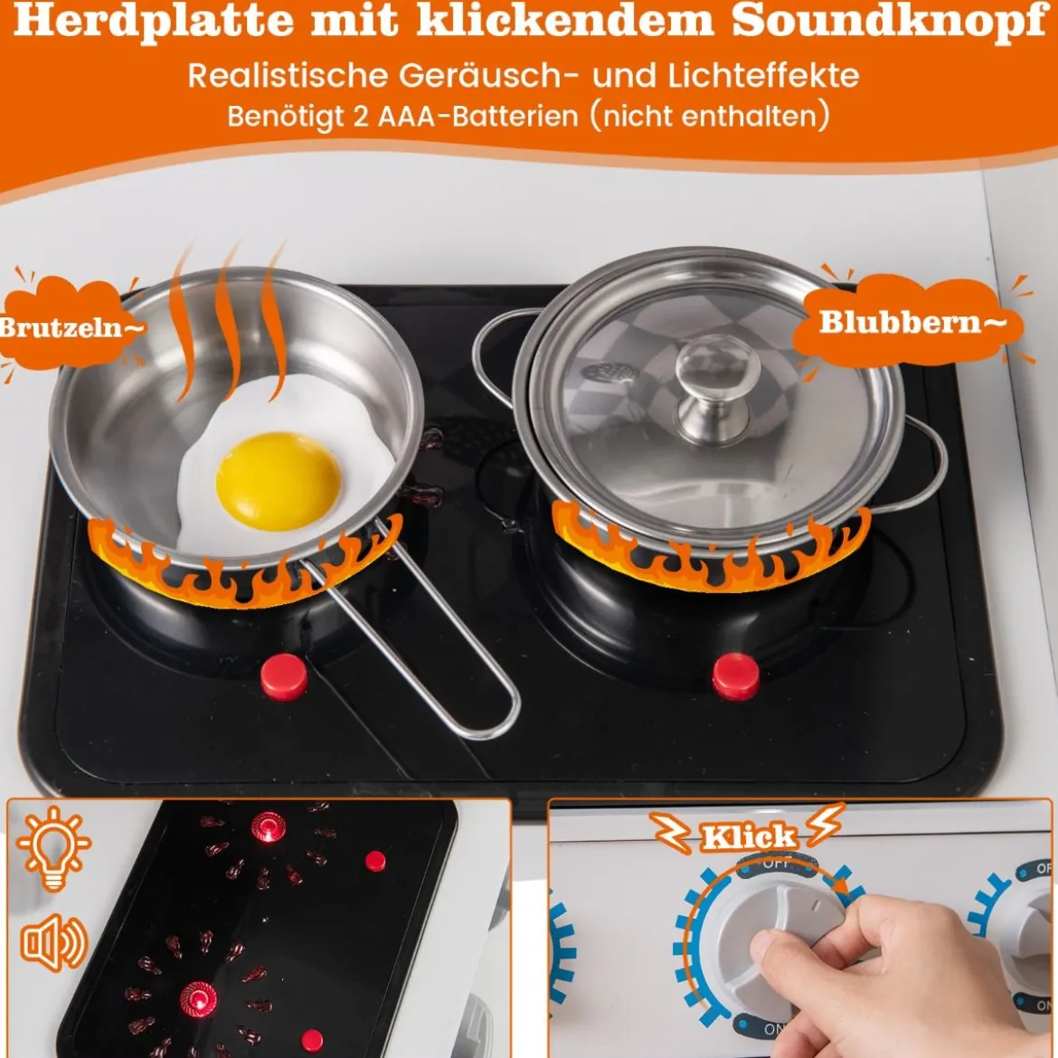 Spielküche aus Holz mit Zubehör Küchenspielset Spielzeugküche mit Eismaschine & Kochherd