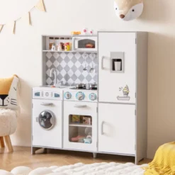 Spielküche aus Holz mit Zubehör Küchenspielset Spielzeugküche mit Eismaschine & Kochherd