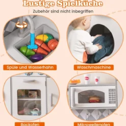 Spielküche aus Holz mit Zubehör Küchenspielset Spielzeugküche mit Eismaschine & Kochherd