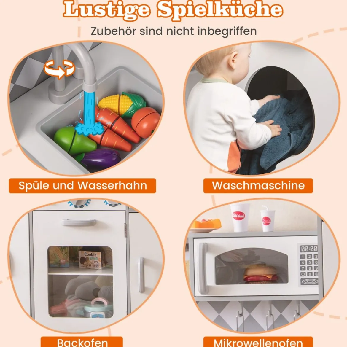 Spielküche aus Holz mit Zubehör Küchenspielset Spielzeugküche mit Eismaschine & Kochherd