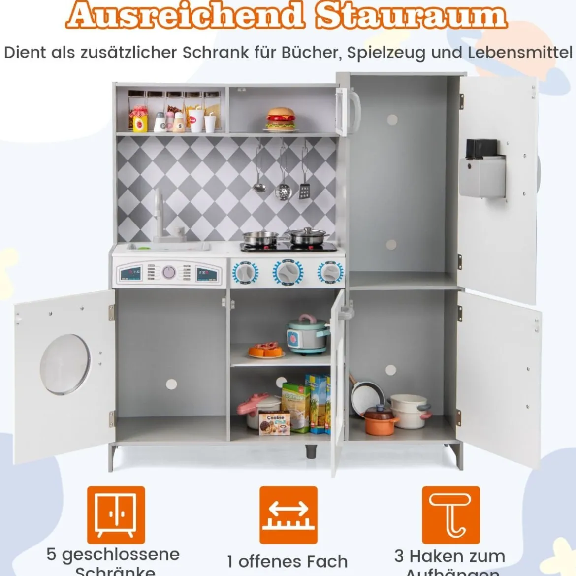 Spielküche aus Holz mit Zubehör Küchenspielset Spielzeugküche mit Eismaschine & Kochherd