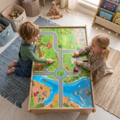 Spieltisch aus Holz 110-teiliges Kinder Eisenbahn-Set mit Integrierter Großer Schublade 107 x 63 x 40 cm
