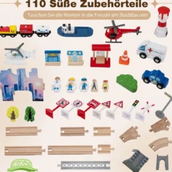 Spieltisch aus Holz 110-teiliges Kinder Eisenbahn-Set mit Integrierter Großer Schublade 107 x 63 x 40 cm