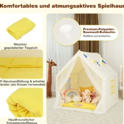 Spielzelt Spielhaus für Kinder mit Waschbarer Baumwollmatte 122 x 105 x 125 cm Beige