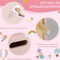 Spielzeugkiste aus Holz mit Regal Spielzeugtruhe mit Klappdeckel 60 x 30 x 44 cm Rosa