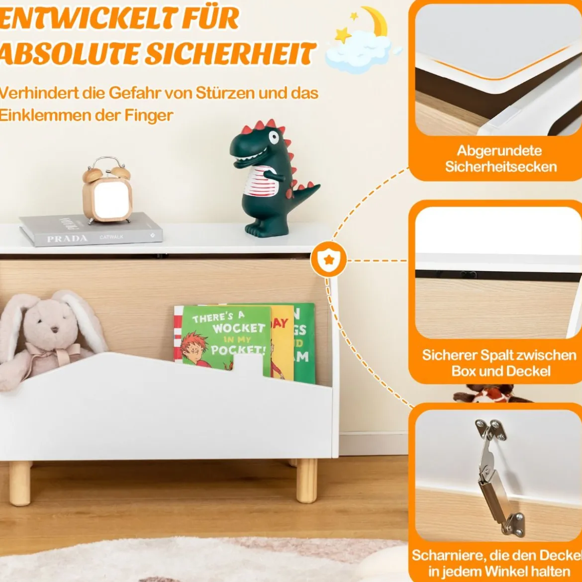 Spielzeugkiste aus Holz mit Regal Spielzeugtruhe mit Klappdeckel 60 x 30 x 44 cm Weiß