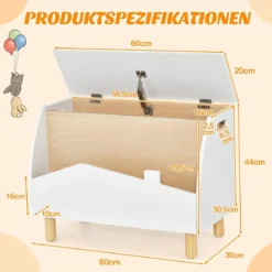 Spielzeugkiste aus Holz mit Regal Spielzeugtruhe mit Klappdeckel 60 x 30 x 44 cm Weiß