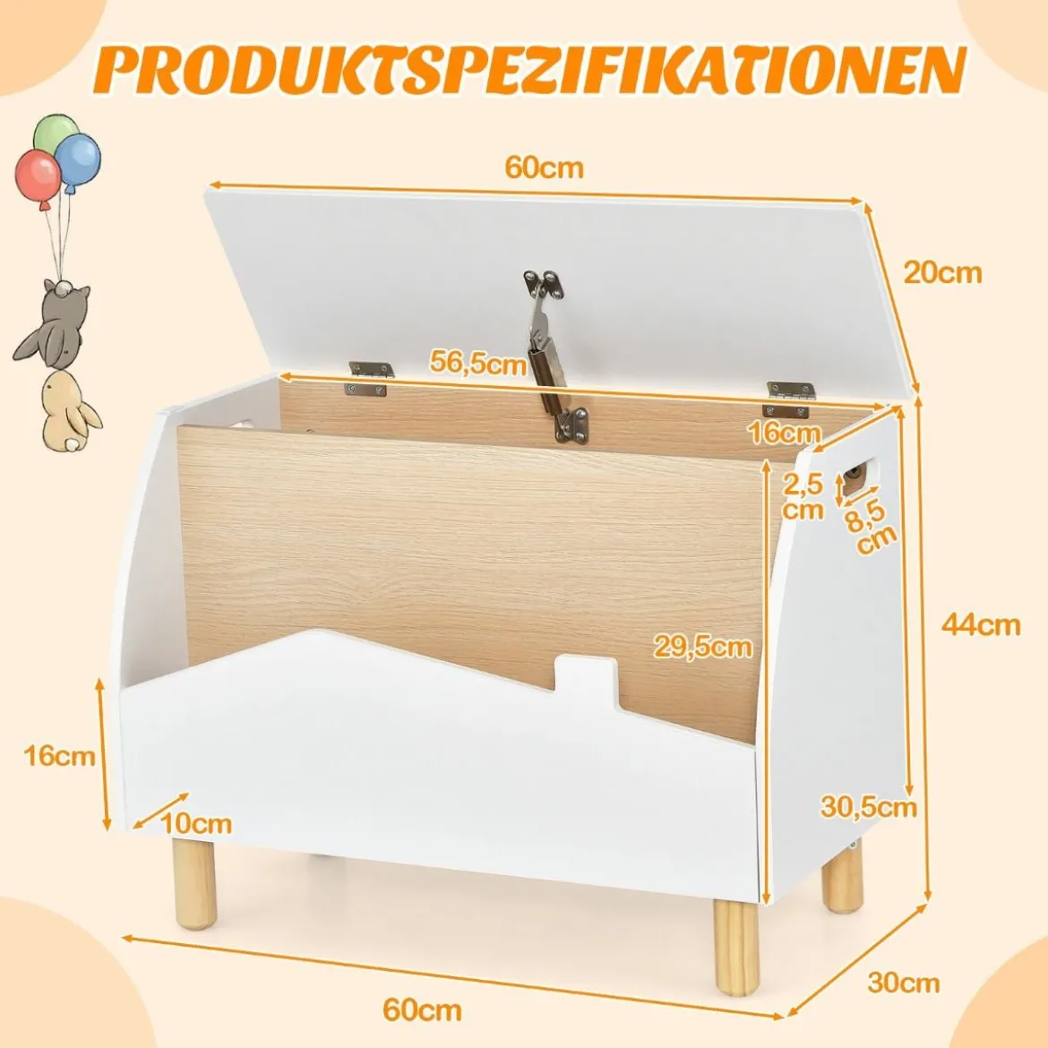 Spielzeugkiste aus Holz mit Regal Spielzeugtruhe mit Klappdeckel 60 x 30 x 44 cm Weiß