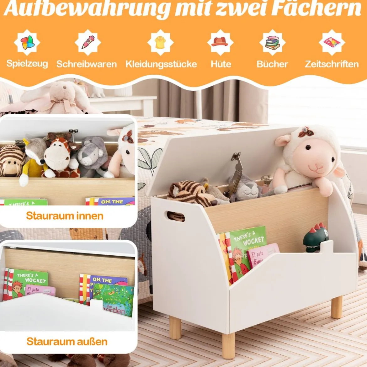 Spielzeugkiste aus Holz mit Regal Spielzeugtruhe mit Klappdeckel 60 x 30 x 44 cm Weiß