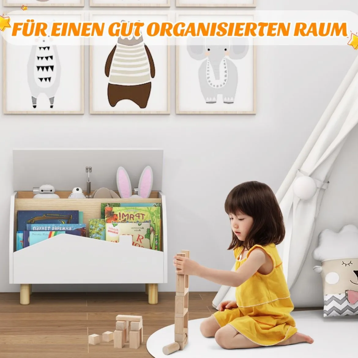 Spielzeugkiste aus Holz mit Regal Spielzeugtruhe mit Klappdeckel 60 x 30 x 44 cm Weiß
