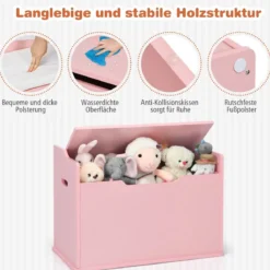 Spielzeugkiste mit Deckel 2 in 1 Spielzeugtruhe mit Kissen Spielzeugschrank aus Holz mit Tragegriffen Rosa/Weiß