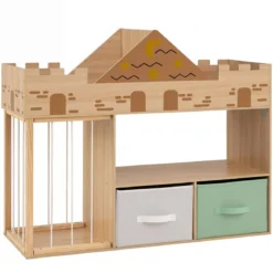 Spielzeugregal aus Holz mit Kippschutz 2 Stoffschubladen & Staufach 111 x 40 x 92 cm Natur