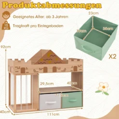 Spielzeugregal aus Holz mit Kippschutz 2 Stoffschubladen & Staufach 111 x 40 x 92 cm Natur