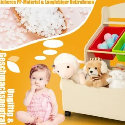 SpielzeugregalHölzerner Kinderschrank mit Rollen Bücherregal Spielzeugablage für Kinder Natur