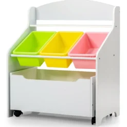 SpielzeugregalHölzerner Kinderschrank mit Rollen Bücherregal Spielzeugablage für Kinder Weiß