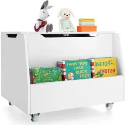 Spielzeugtruhe für Kinder Kindertruhe Holz mit Bücherregal & Deckel 60 x 48 x 46,5 cm Weiß