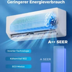 Split Klimaanlage 12000BTU (3,4 kW) mit Heizfunktion Klimasplittgeräte leise mit Kältemittel R32 & Montagematerial