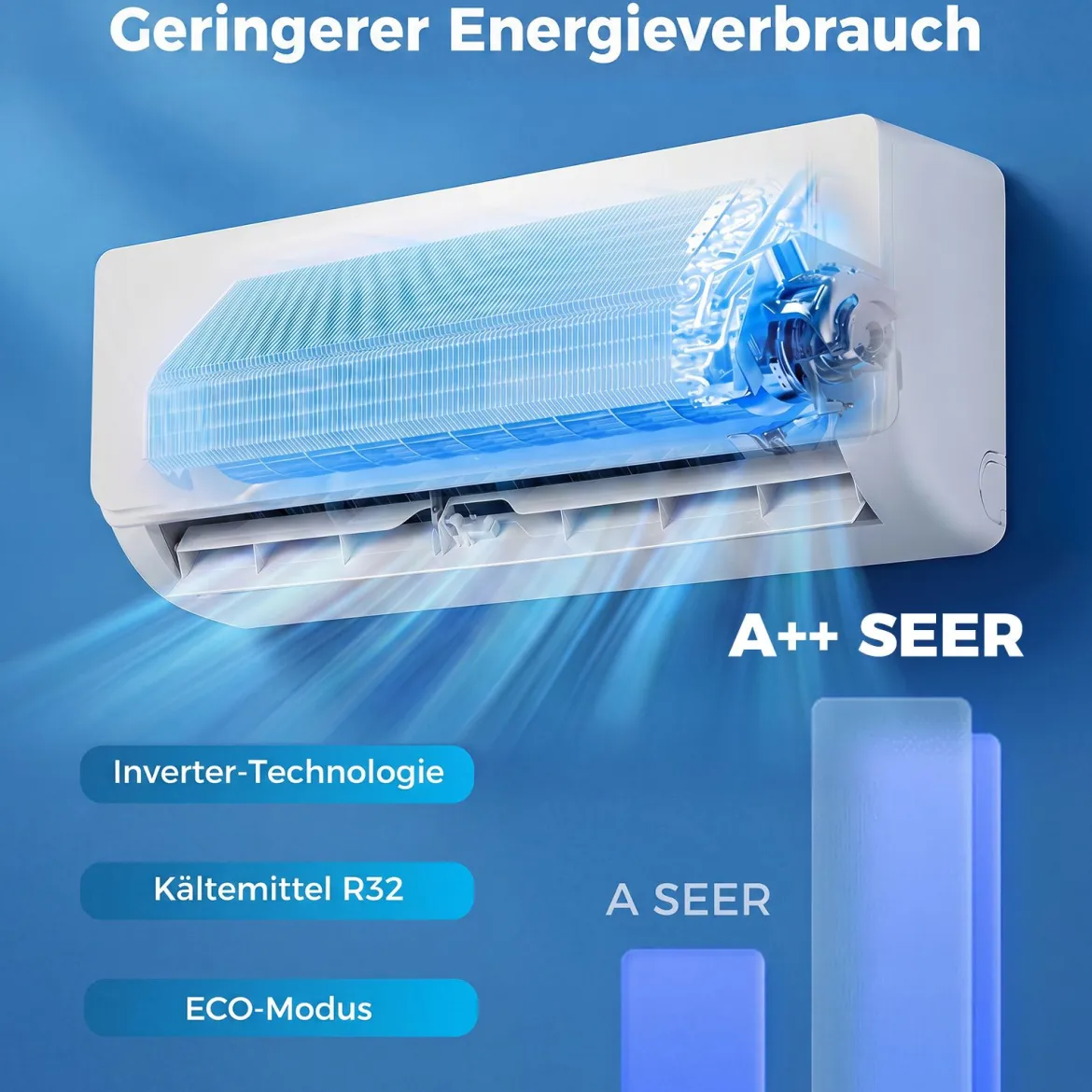 Split Klimaanlage 12000BTU (3,4 kW) mit Heizfunktion Klimasplittgeräte leise mit Kältemittel R32 & Montagematerial