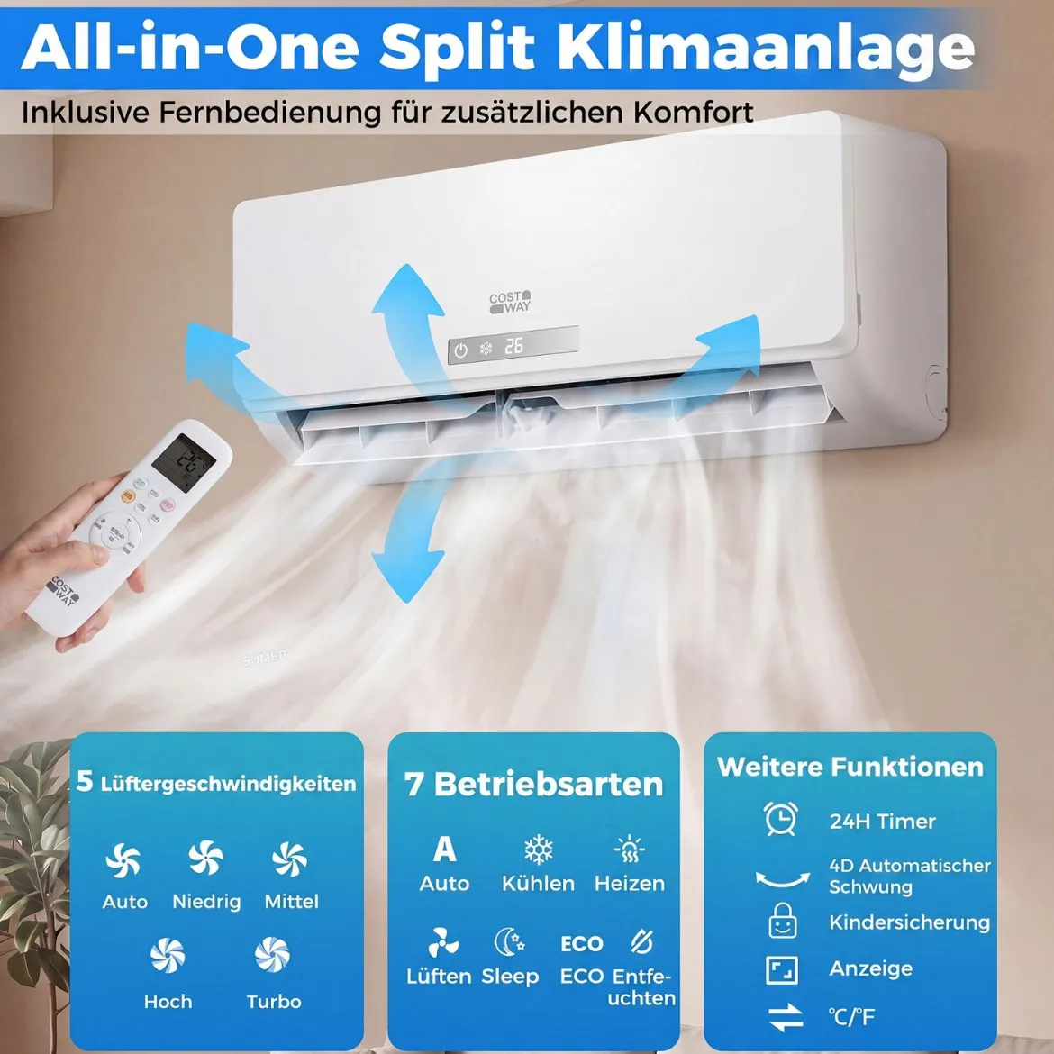 Split Klimaanlage 12000BTU (3,4 kW) mit Heizfunktion Klimasplittgeräte leise mit Kältemittel R32 & Montagematerial
