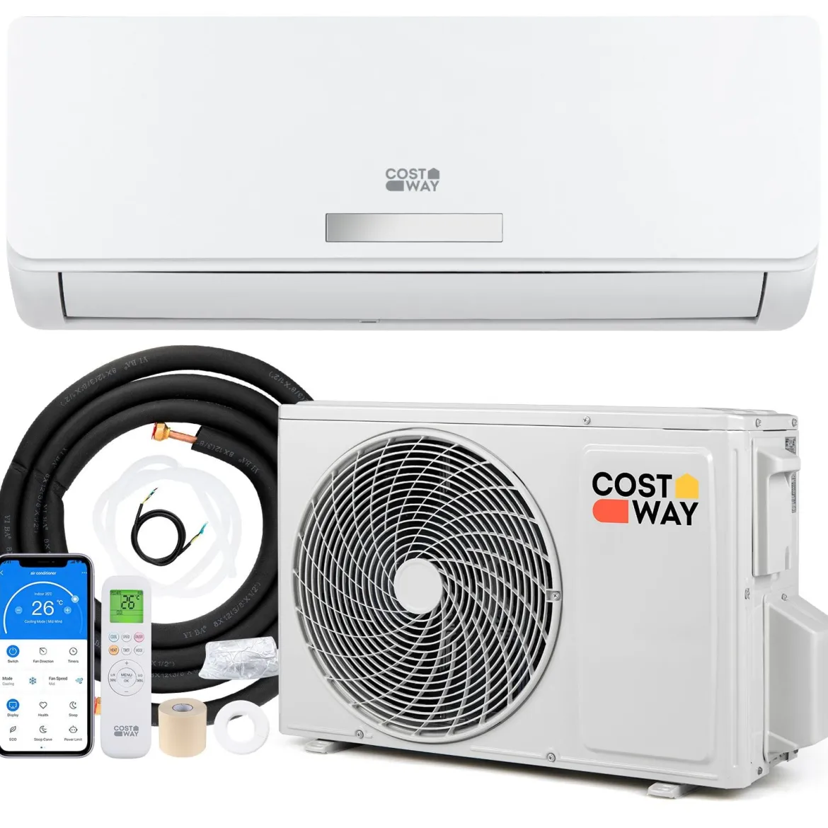 Split Klimaanlage 12000BTU (3,4 kW) mit Heizfunktion Klimasplittgeräte leise mit Kältemittel R32 & Montagematerial