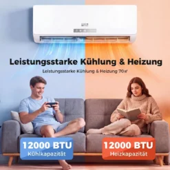 Split Klimaanlage 12000BTU (3,4 kW) mit Heizfunktion Klimasplittgeräte leise mit Kältemittel R32 & Montagematerial