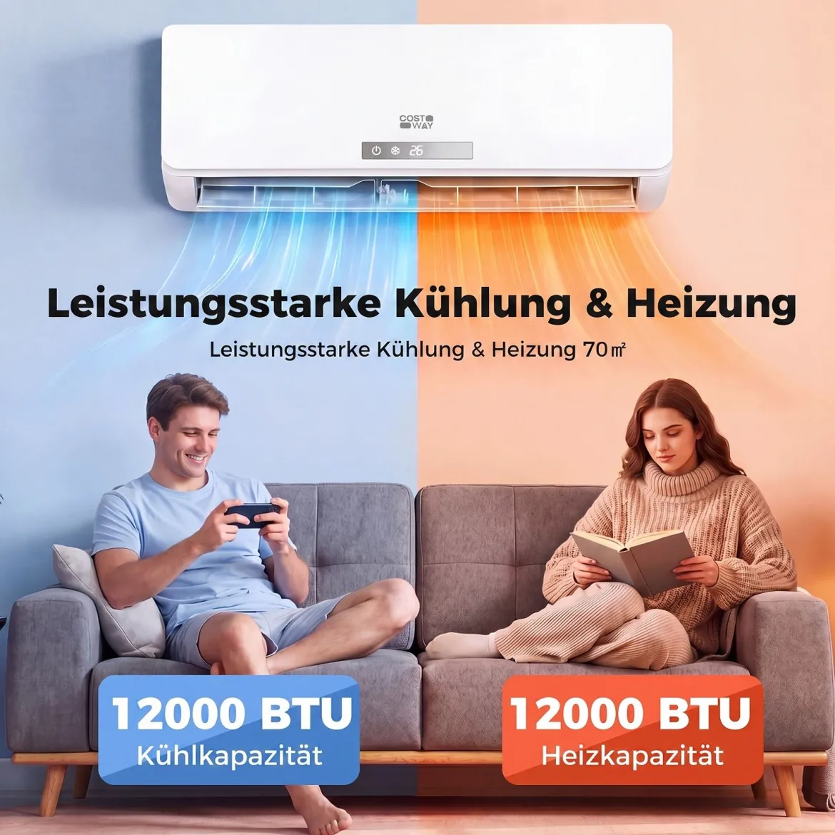 Split Klimaanlage 12000BTU (3,4 kW) mit Heizfunktion Klimasplittgeräte leise mit Kältemittel R32 & Montagematerial